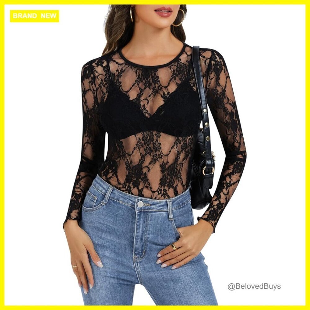 Sheer Lace Long Sleeve Crew Neck Top Floral Embroidery Relaxed Fit
